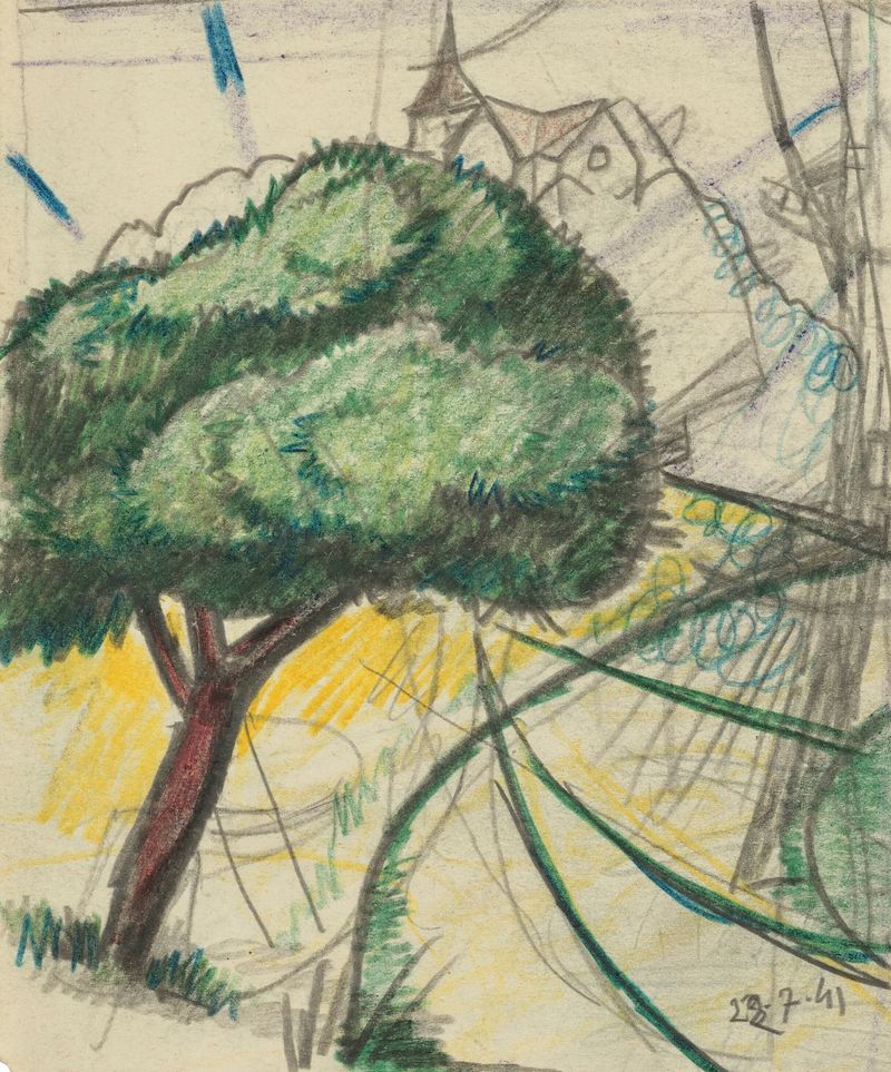 Paysage aux rayons de Julio González, obra modernista con formas en espiral y colores vibrantes.