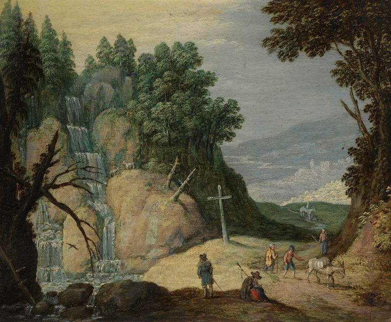 A rocky landscape with a waterfall and travellers on a path, oil on canvas by Marten Ryckaert.