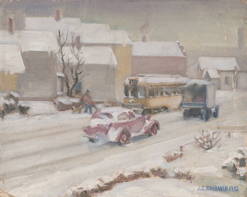Fulton Road, Cleveland, Ohio by James C. Kulhanek, oil on canvas depicting a lone figure on cracked pavement.