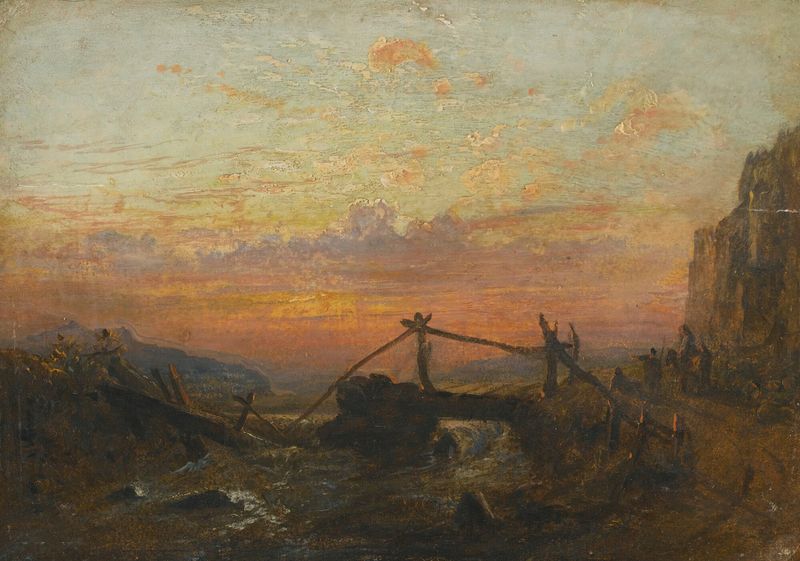 El Puente Roto de Francis Danby, óleo sobre lienzo que representa un puente en ruinas sobre aguas turbulentas.