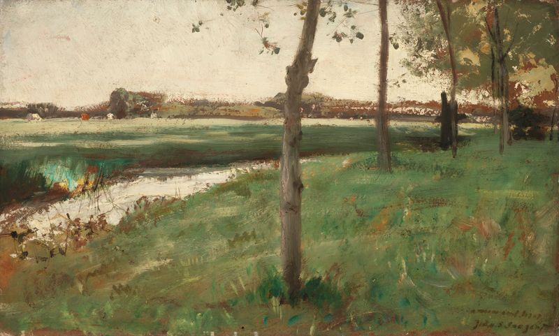Meadow and Stream, óleo sobre lienzo de Unknown Artist, que representa un paisaje tranquilo con luz solar y un arroyo.