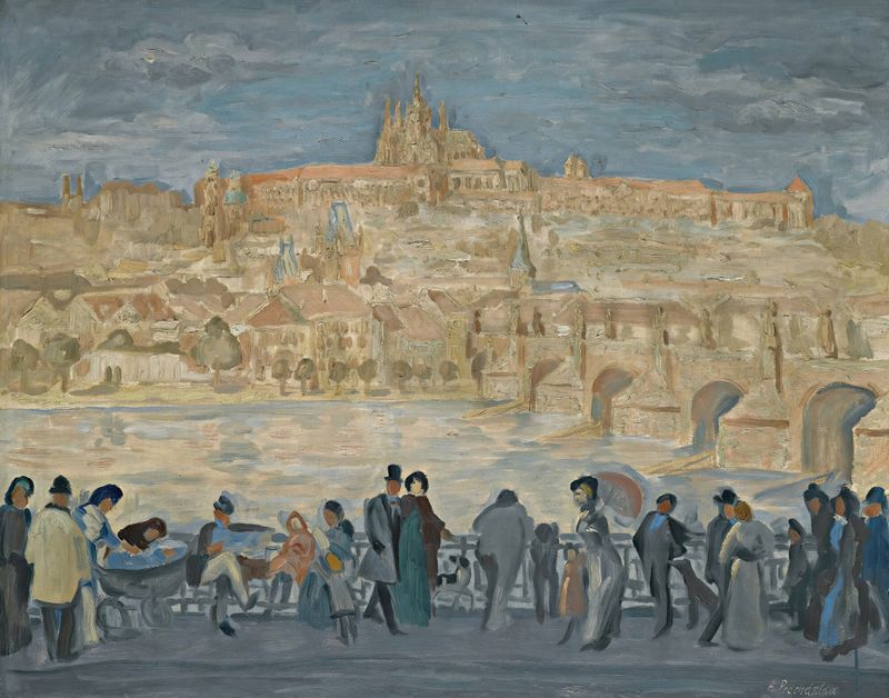View Of Prague Castle, óleo sobre lienzo de Antonin Procházka, con torres y luz cálida.