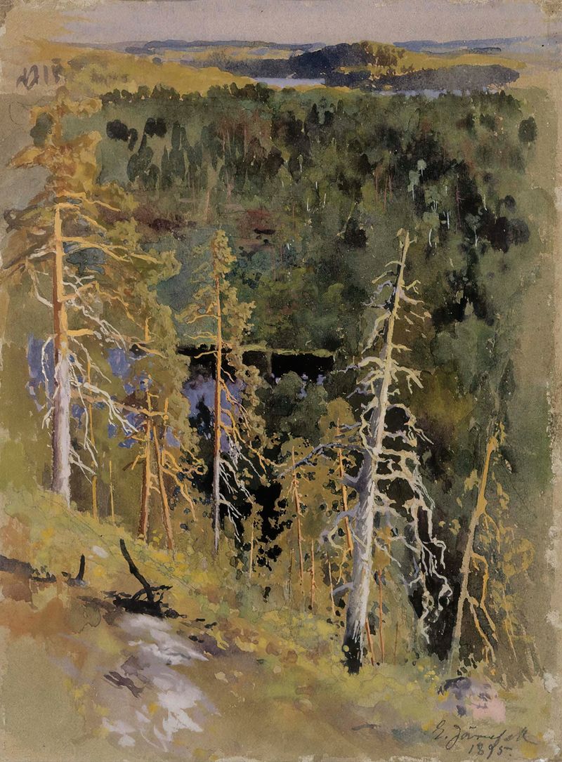 Paisaje forestal óleo de Eero Järnefelt con árboles densos y un camino natural