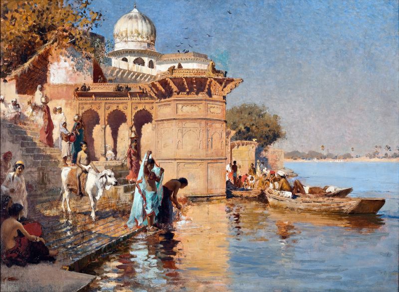 Along the Ghats, Mathura by Edwin Lord Weeks, depicting a vibrant river scene in oil painting.