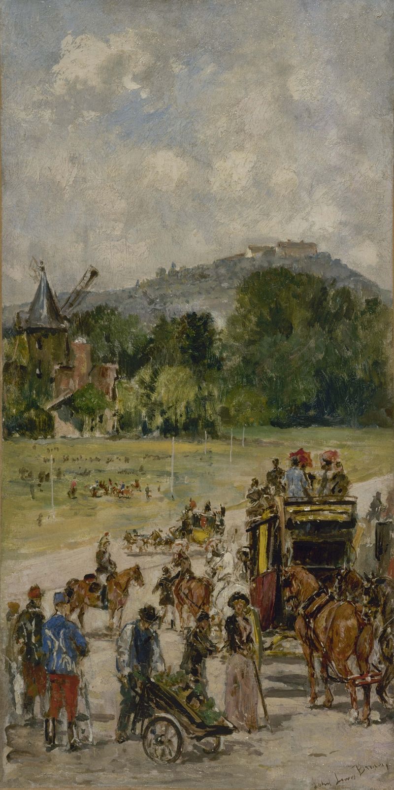 Le champ de courses de Longchamp de John-Lewis Brown, óleo sobre lienzo, que representa un animado hipódromo con espectado...