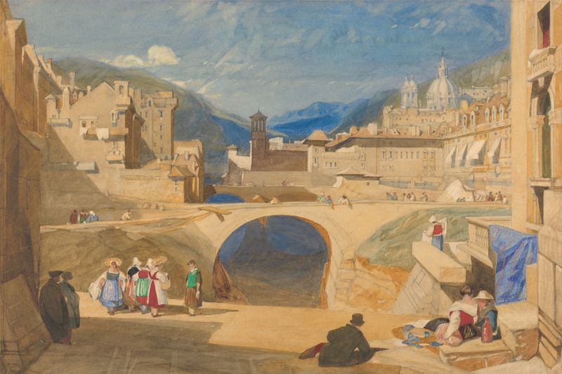 Acuarela de John Sell Cotman que representa un puente sobre un río en una ciudad.