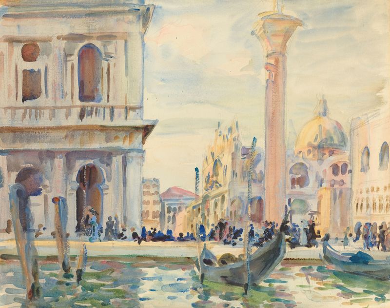 The Piazzetta de John Singer Sargent, pintura al óleo que muestra figuras conversando bajo la luz del sol.