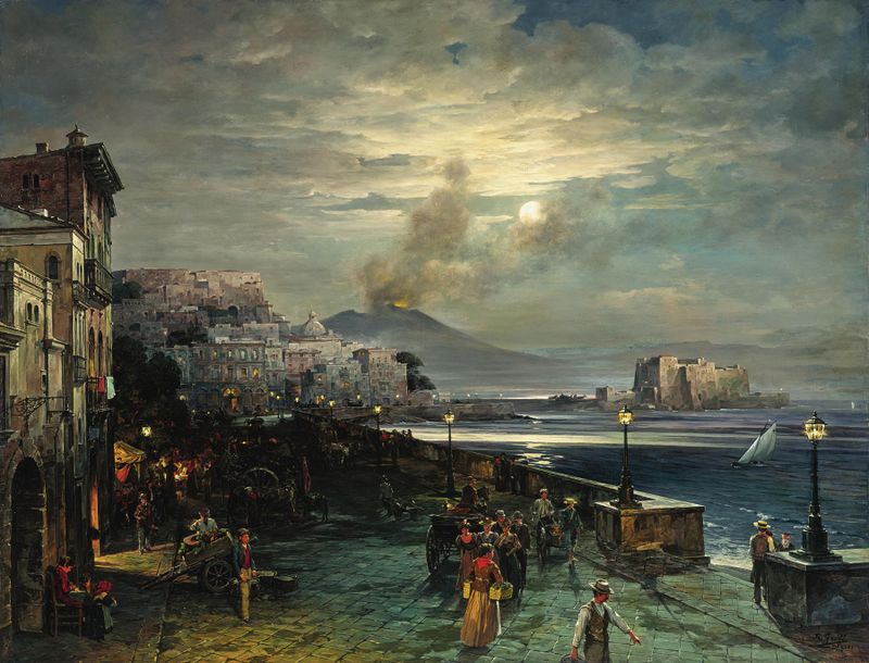 Nápoles, um píer à noite com vista para o Vesúvio, óleo sobre tela de Theodor Groll