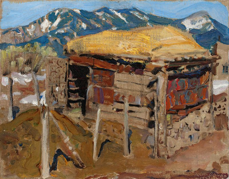 Shed in the Taos Mountains de Akseli Gallen-Kallela, óleo de um galpão nas colinas.