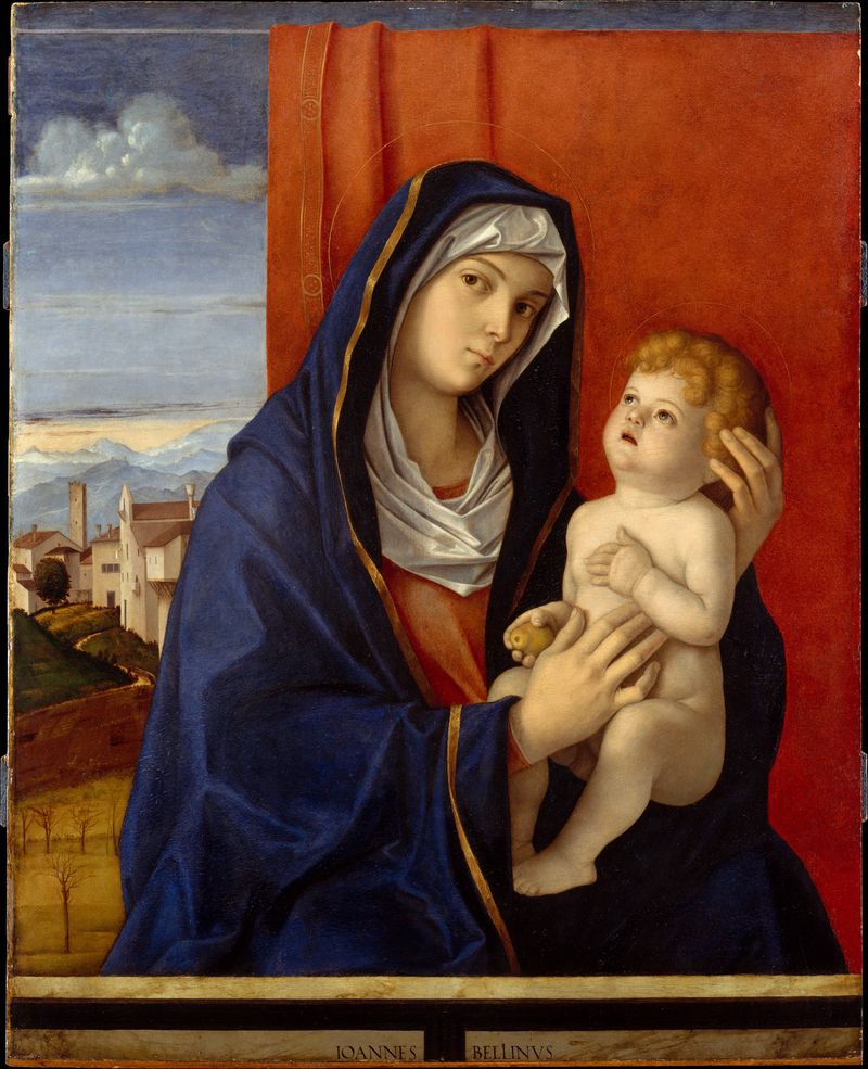 Renaissance wood artwork by Giovanni Bellini depicting Madonna and Child in a tender embrace.
