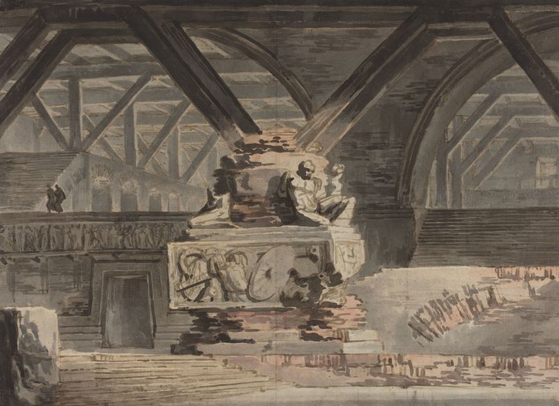 Stage Design – A Sepulchral Vault by Karl Friedrich Schinkel, architecture with intricate stonework