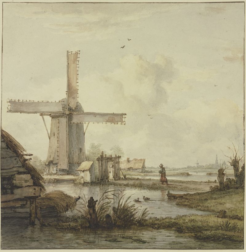 Paisaje con un molino de viento y una mujer caminando por un dique, de Jan Hulswit, medio desconocido.