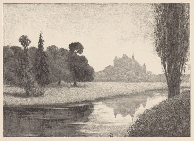 Park bij kasteel de Simon Moulijn, óleo sobre tela que retrata uma paisagem tranquila com árvores e um lago