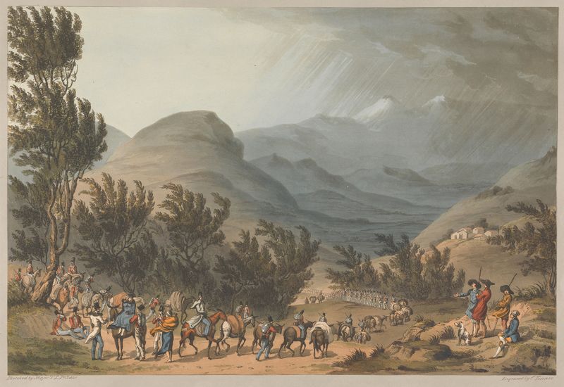 Historical scene depicting troops marching through mountains, oil painting by Charles Turner