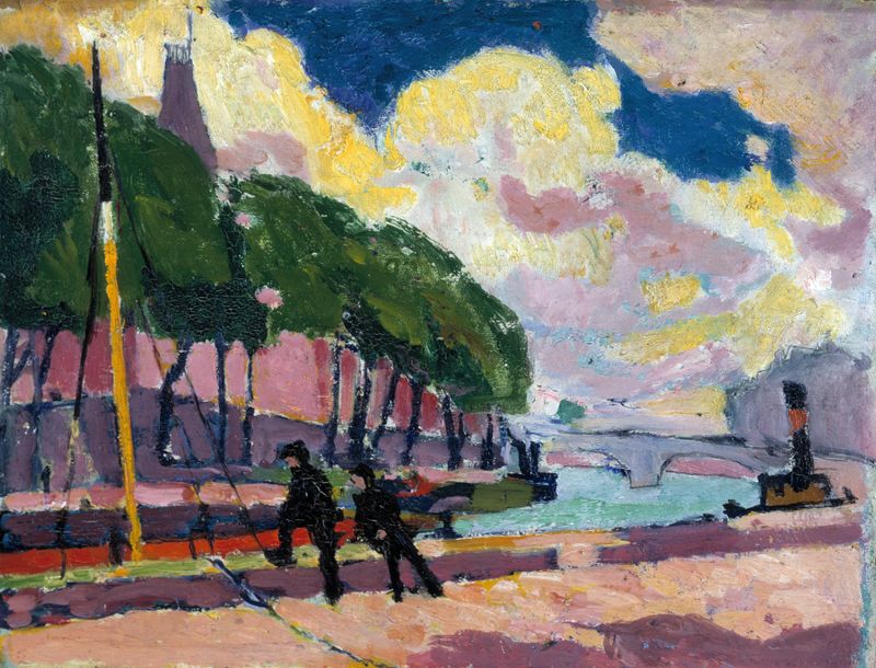 On The Banks Of The Seine, oil painting by Henry Lyman Saÿen depicting a tranquil river landscape.