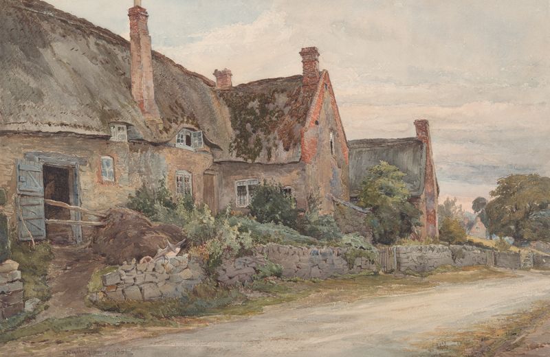 Thatched cottage and barn in a lush landscape, oil painting by John Fulleylove, 1881