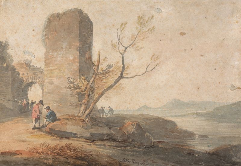 Figures by William Payne, watercolor on paper, standing before a ruined arch.