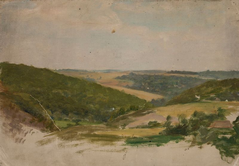 Paisagem de Jan Ciągliński, pintura a óleo com azuis profundos e dourados quentes.
