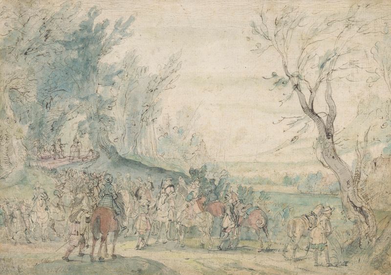 Cena de gênero com cavaleiros armados em uma floresta de Hermitage Meester, pintura a óleo.