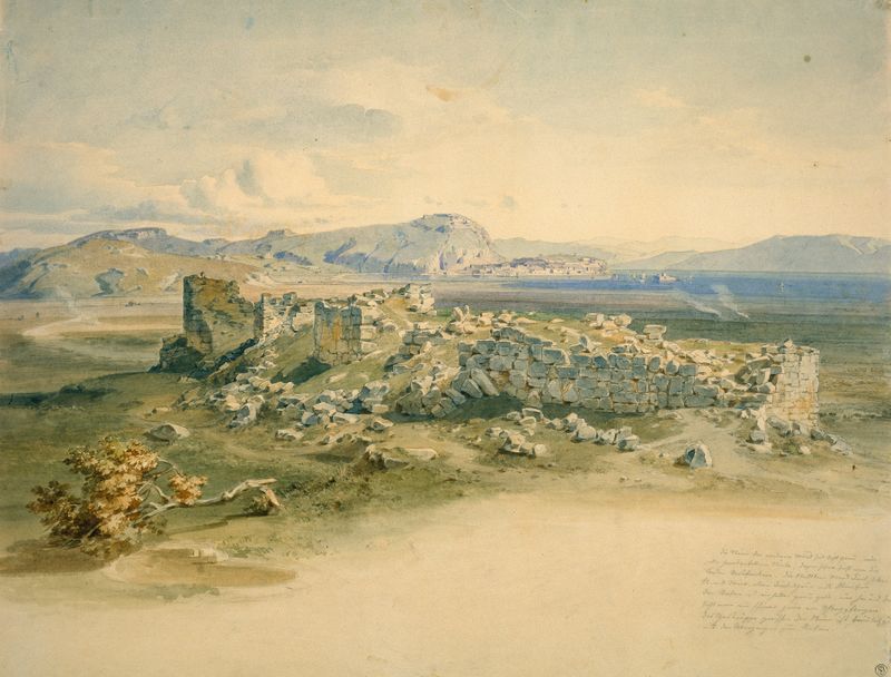Landscape oil painting by Carl Rottmann depicting ruins and mountains under soft afternoon light.
