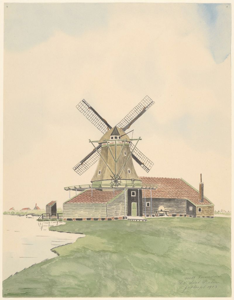 Paisaje con un molino y un río de Johannes Nicolaas Eijman, pintura al óleo