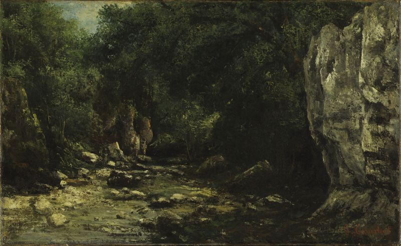 óleo sobre tela de Gustave Courbet retratando um riacho em uma paisagem exuberante