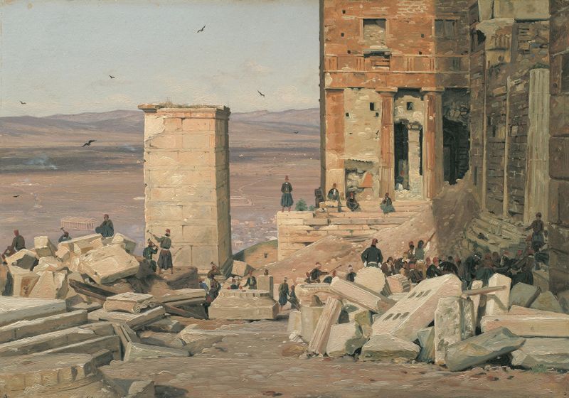 Greeks working in the ruins of the Acropolis, oil on canvas by Martinus Rørbye