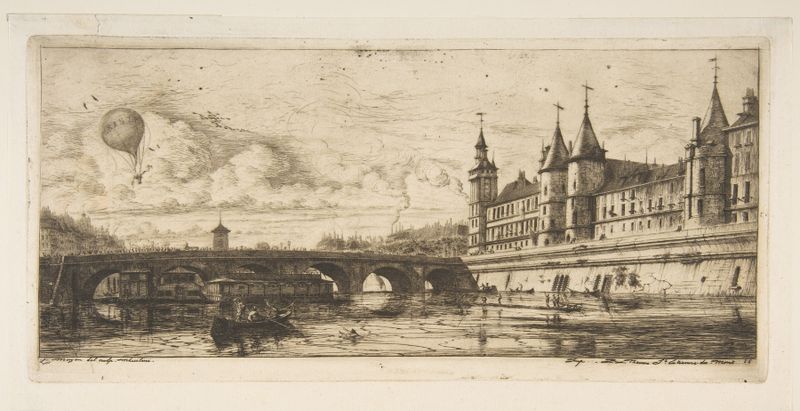 Etching by Charles Meryon depicting Pont-au-change, a bridge over the Seine