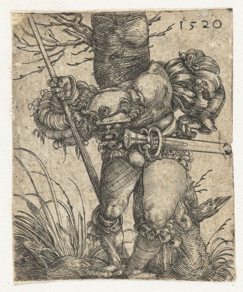 Grabado de Barthel Beham que muestra a un soldado apoyado contra un árbol.