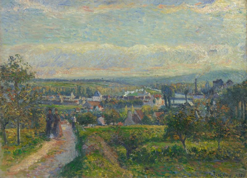 Pintura a óleo de Camille Pissarro retratando uma paisagem com árvores e horizonte.