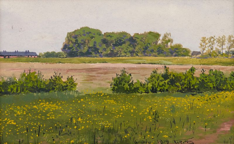 Paisagem em Grudów de Wojciech Betley, pintura a óleo que retrata vegetação exuberante e um pôr do sol.