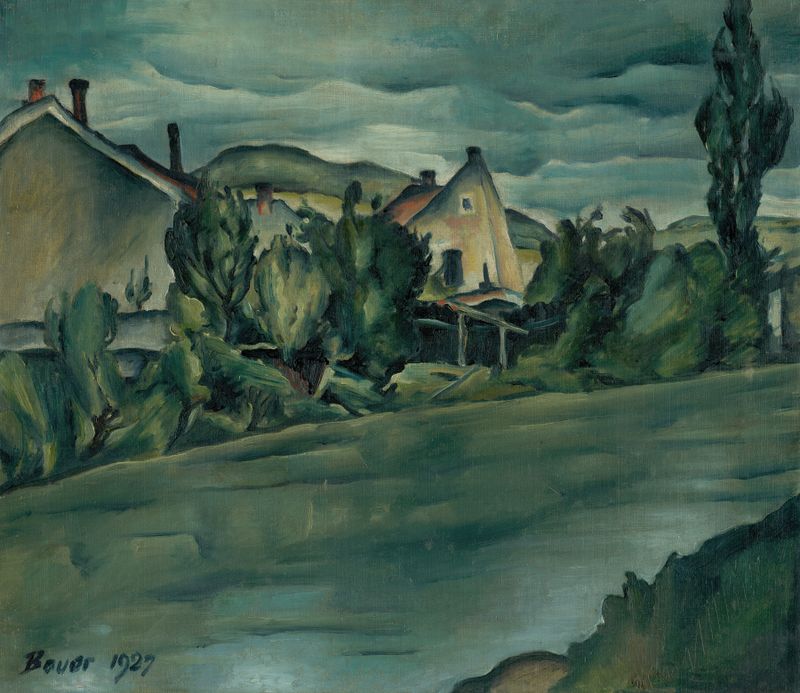 Expresionismo abstracto de Konštantín Bauer, con vibrantes tonos dorados y verdes.