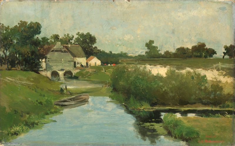 Landscape with sun-drenched fields in oil painting by Johan Hendrik Weissenbruch