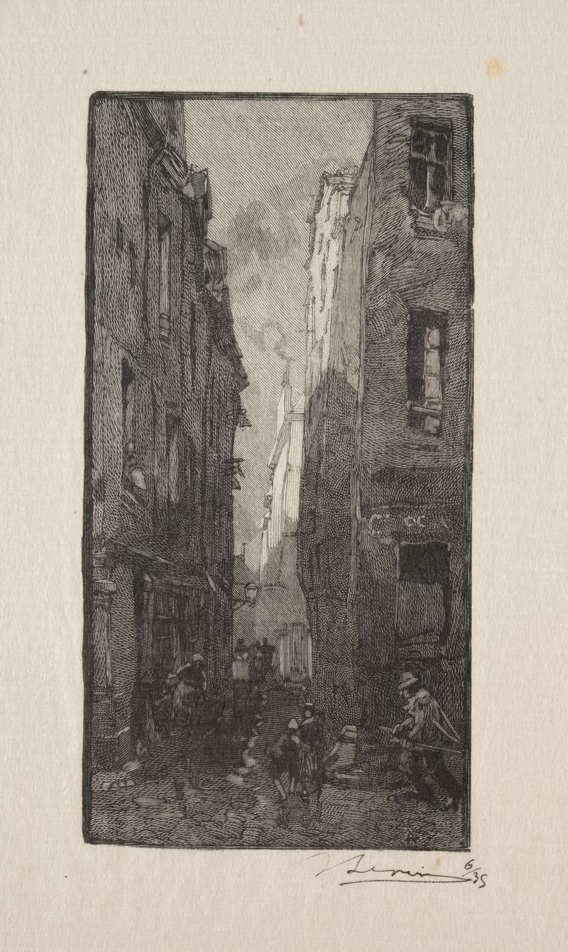 Grabado de Auguste Louis Lepère que muestra un estrecho callejón urbano