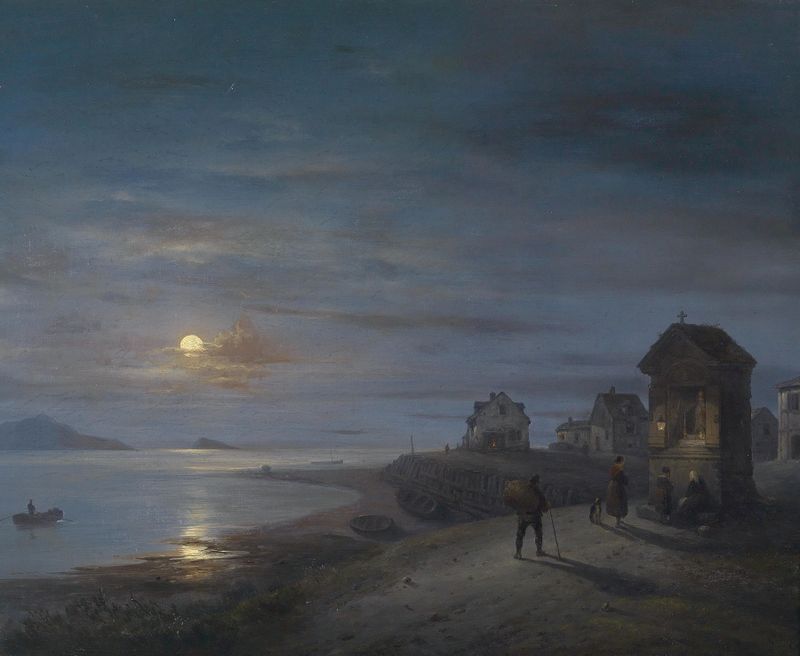 Küstenlandschaft de Giuseppe Canella, óleo sobre tela que retrata uma paisagem marinha serena.