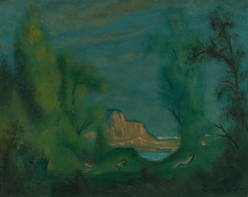 Nymphs Sleeping, oil painting by Louis Michel Eilshemius, featuring ethereal figures in a dreamlike garden.