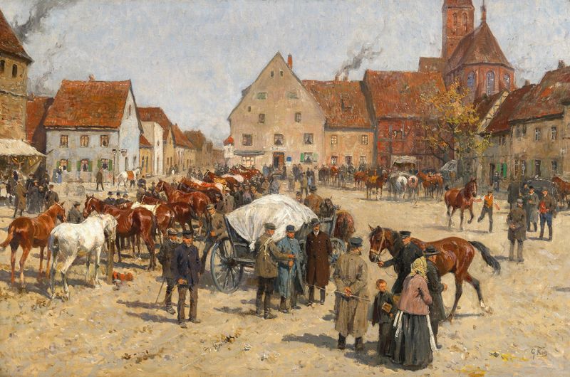 A Horse Market de Georg Carl Koch, obra de realismo que representa caballos en un mercado