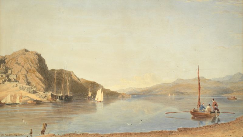 Barmouth estuary pintura al óleo de William Turner of Oxford, que representa el amanecer sobre el agua.