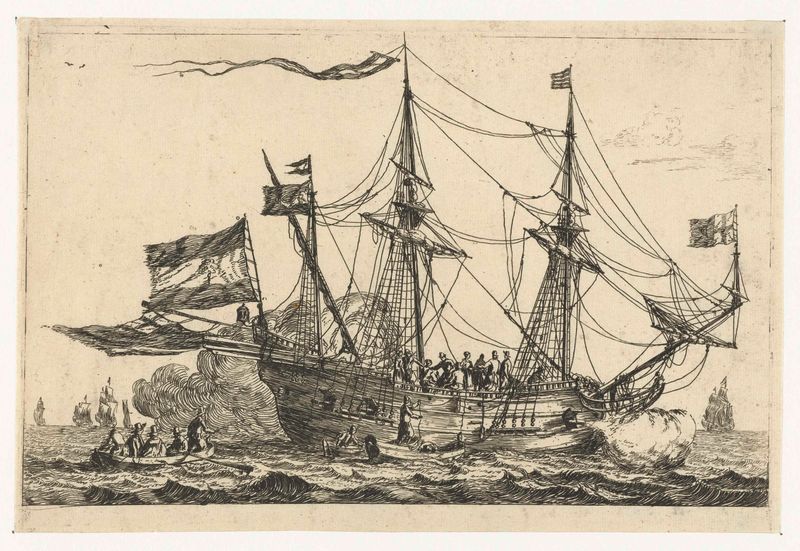 Aankomst van een Engels schip, grabado de Reinier Nooms que muestra un barco con velas contra el cielo.