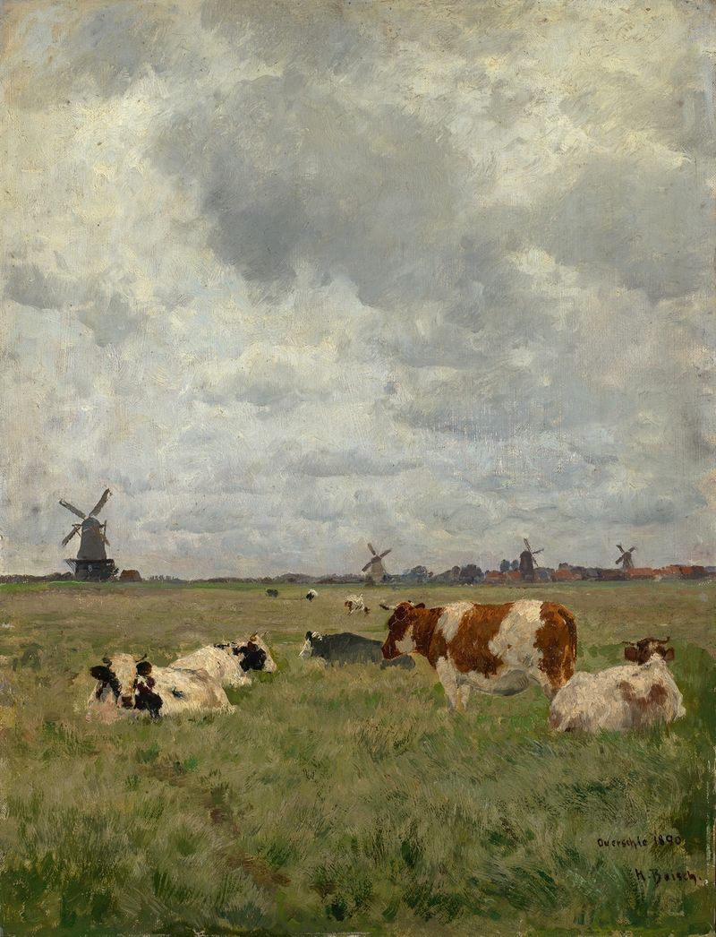 Landscape with cattle grazing in a pasture, oil painting by Hermann Baisch