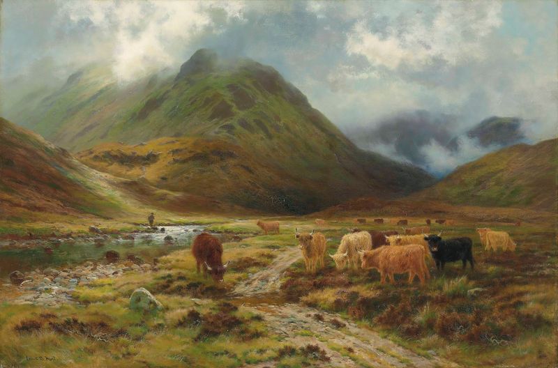 Landscape oil painting by Louis Bosworth Hurt featuring green hills and mountains