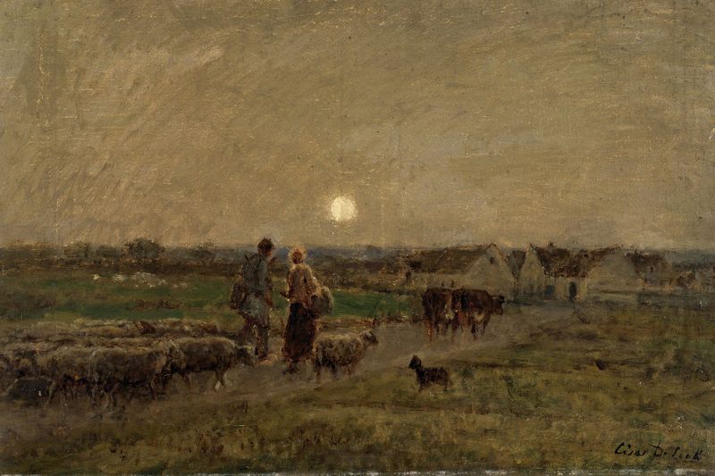 Landscape with fields and shadows in golden light by César De Cock, Impressionism