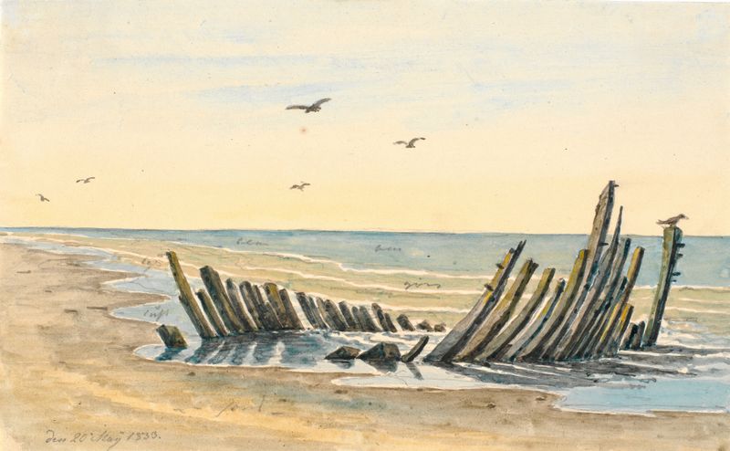 Wreck on the beach Nordstranden, oil on canvas by Martinus Rørbye
