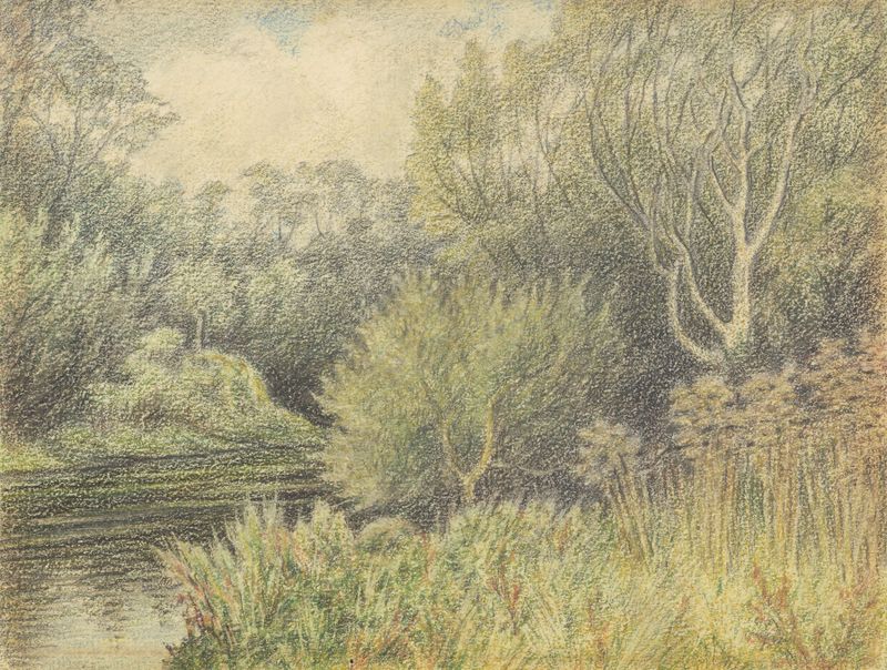 Escena de río con sauces de George Sherriff, pintura al óleo