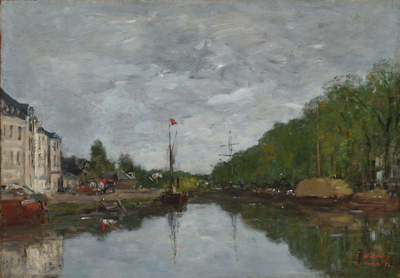 Pintura a óleo de Eugène Boudin retratando um canal com reflexos e luz suave