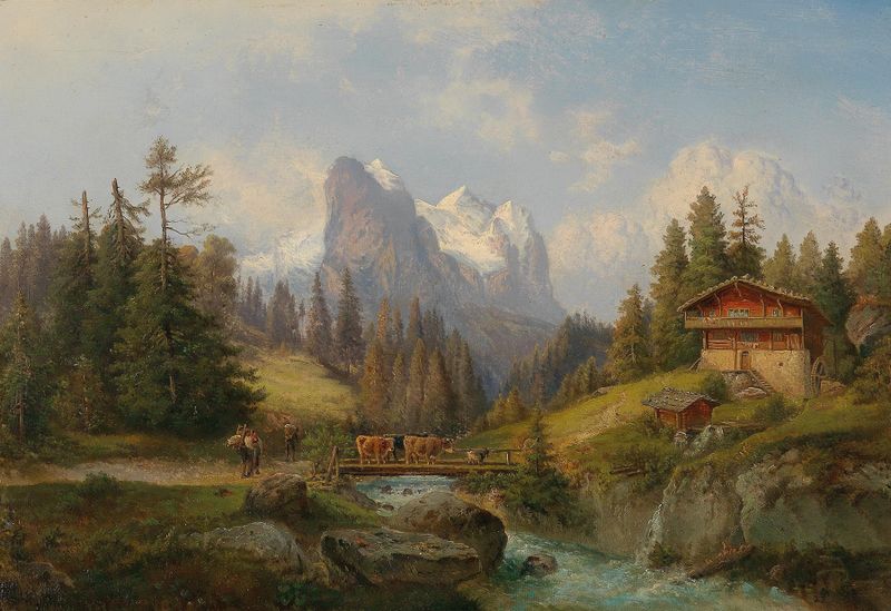 Pastorale Gebirgslandschaft by Gustav Barbarini, oil on canvas depicting mountains and a tranquil valley.