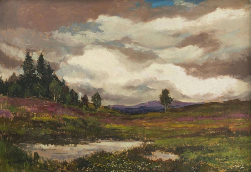 A landscape depicting rolling hills in muted tones by Gustav Macoun, medium unknown.