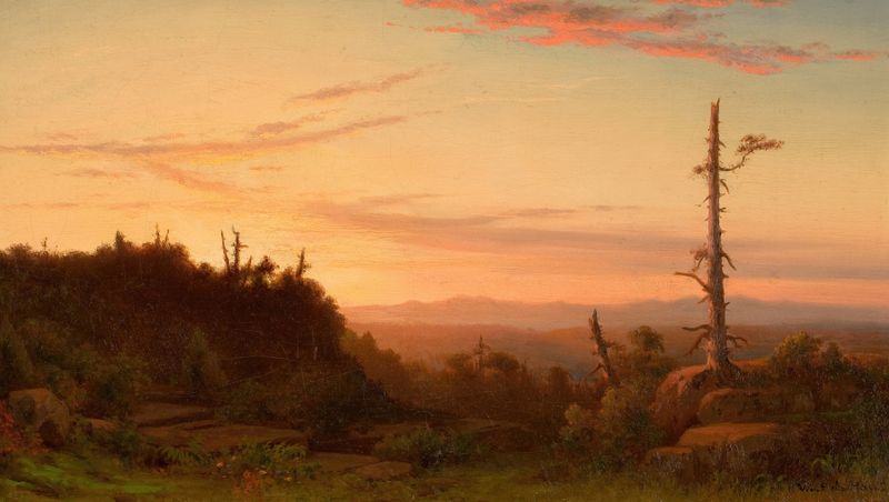 Sunset by William Frederick De Haas, glass medium, depicting a serene landscape with twilight colors.