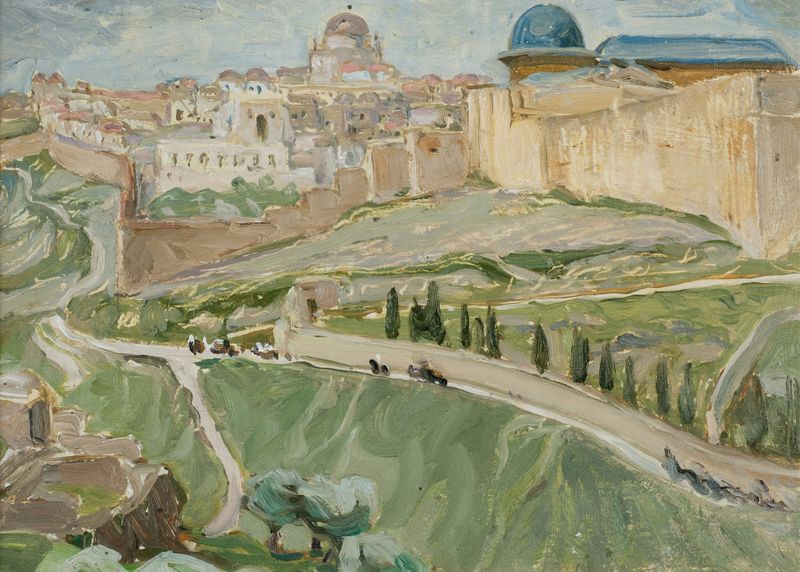 Pintura al óleo de paisaje por Anna Boberg con tonos suaves y un horizonte