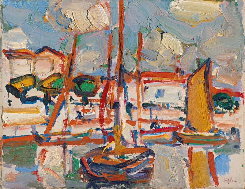 Boats in Port by Samuel John Peploe, oil painting depicting boats anchored in a harbor.